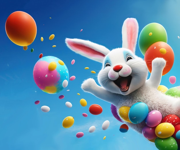 Un lapin avec un bouquet de ballons colorés