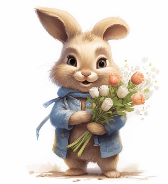 Un lapin avec un bouquet de fleurs