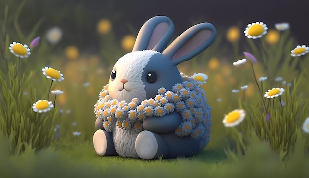 Un lapin avec un bouquet de marguerites dans l'herbe