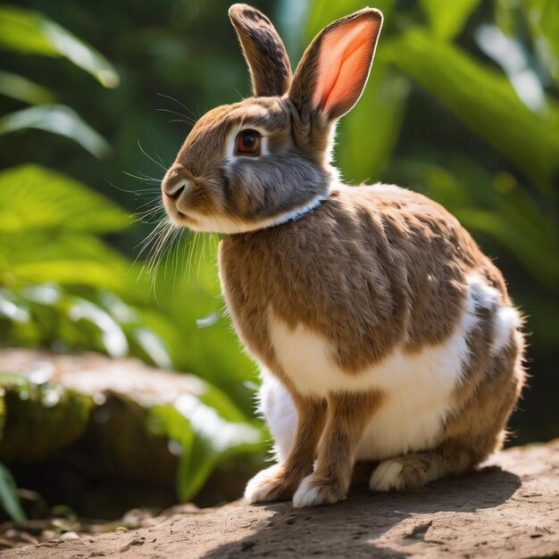 Un lapin brun et blanc perché sur une roche