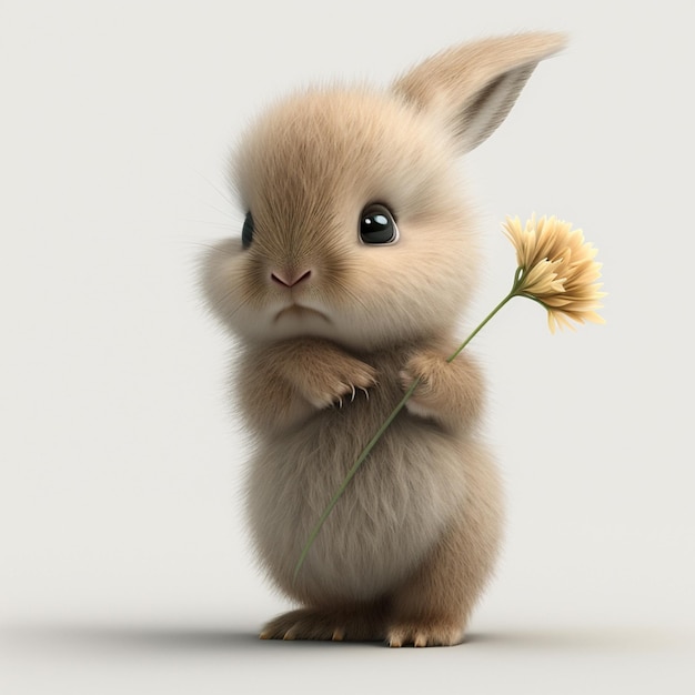 Un lapin brun avec une fleur dans sa bouche.