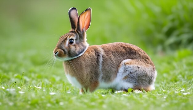 Un lapin brun sur de l'herbe verte