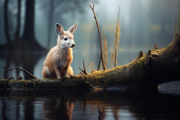 Lapin sur une bûche dans la forêt