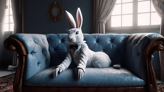 Un lapin sur un canapé bleu