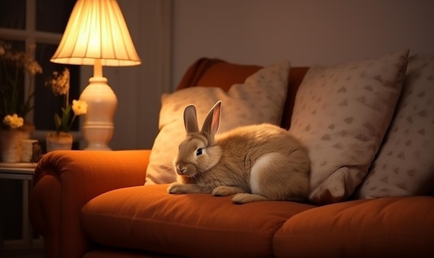 un lapin sur un canapé avec une lampe derrière lui