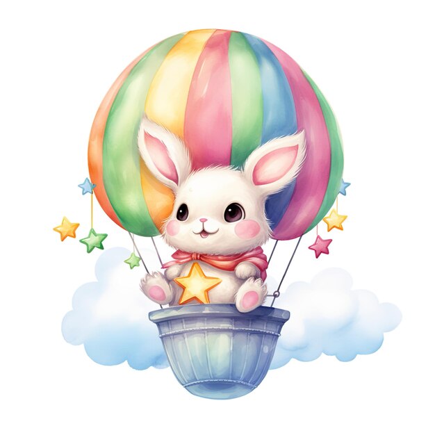 Photo un lapin capricieux en ballon d'air chaud clipart à l'aquarelle pour les fêtes d'anniversaire joyeuses du bébé