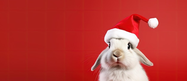 Lapin avec chapeau de père Noël espace de fond rouge pour le texte vacances de Noël AI