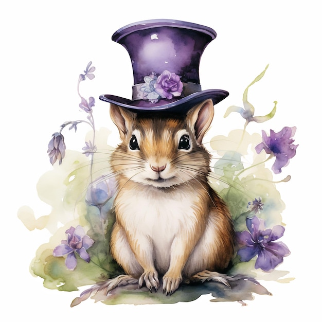 un lapin avec un chapeau violet et un chapeau violet est assis dans un jardin