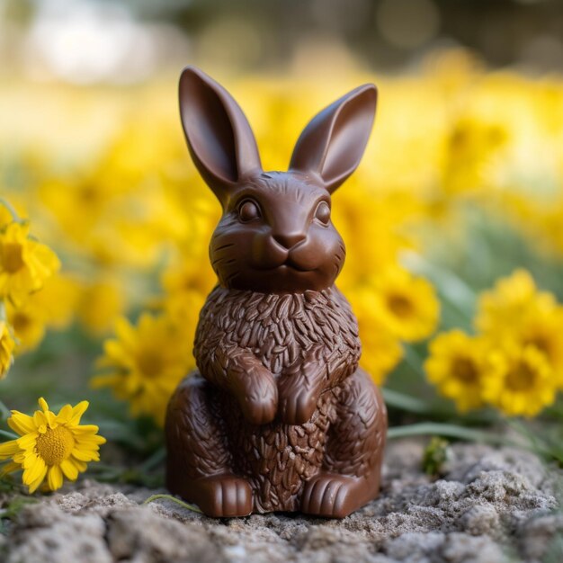 Un lapin en chocolat est assis parmi des fleurs jaunes devant un champ de fleurs jaunes.