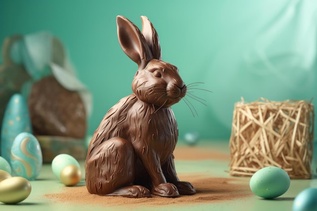 Lapin en chocolat sur fond pastel vert Symbole de lapin de célébration du printemps de Pâques Générer une ai