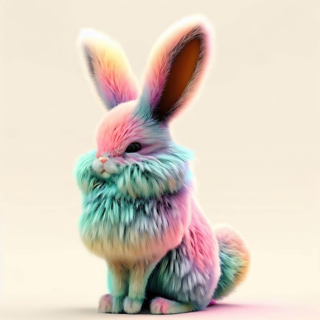 Un lapin coloré avec une grande oreille qui dit "j'aime Pâques".