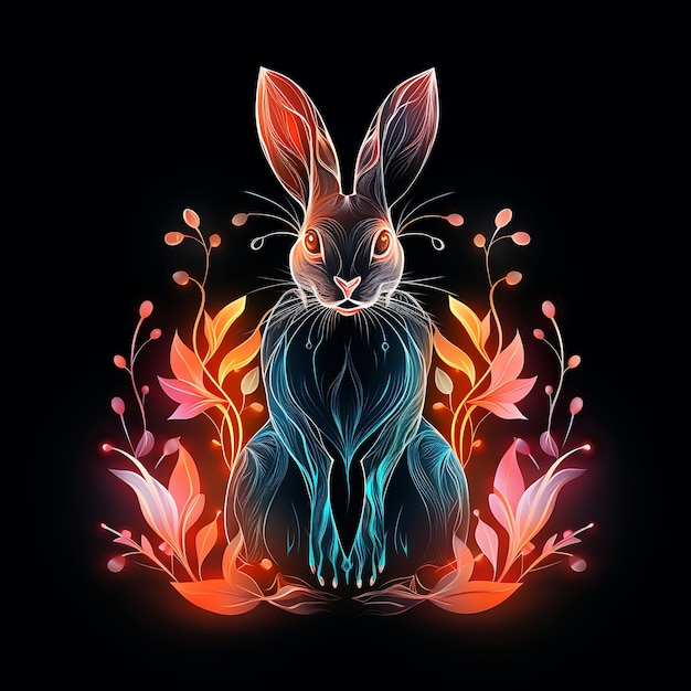 Le lapin coloré, le pré printanier, les lignes de néon coulantes, les carottes, les oreilles longues, l'art de la lumière en gradient