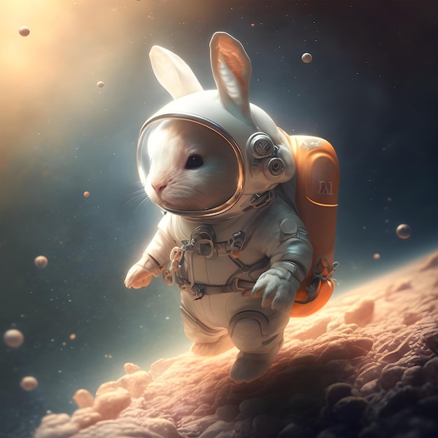 Un lapin en combinaison spatiale se tient sur une planète.