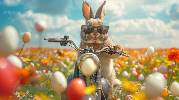 Un lapin cool en lunettes de soleil est assis sur une moto dans un champ fabuleux avec des fleurs et des œufs de Pâques