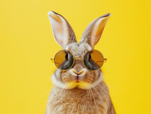 Un lapin cool avec des lunettes de soleil sur un fond jaune, image générée par l'IA