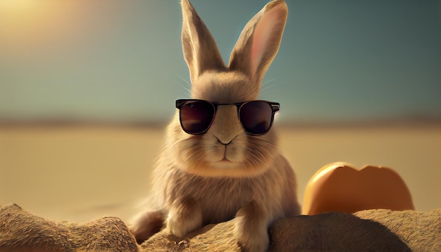 Lapin cool avec des lunettes de soleil sur la plage ensoleillée Generative Ai