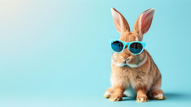 Un lapin cool portant des lunettes de soleil sur un fond bleu, un portrait de lapin élégant, un concept d'été et de mode, un animal mignon avec une attitude d'intelligence artificielle.
