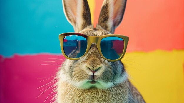 Lapin cool vintage avec des lunettes de soleil sur fond coloré AI Generative