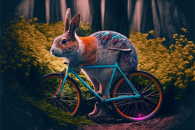 un lapin avec un corps coloré sur un vélo dans les bois.