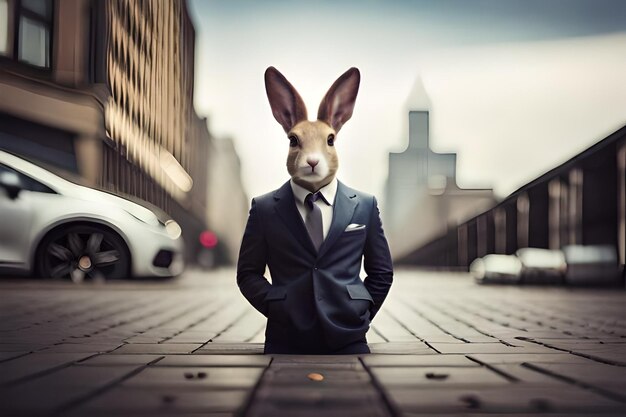 Photo un lapin en costume avec costume et cravate dans la rue.