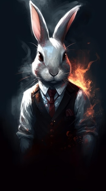 Un lapin en costume-cravate avec un feu brûlant en arrière-plan.