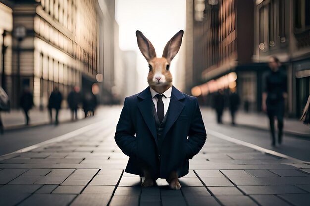 Photo un lapin en costume est assis dans une rue avec un homme en costume et cravate.