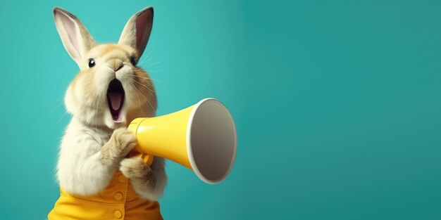 Un lapin en costume jaune criant dans un haut-parleur mégaphone en gros plan extrême IA générative