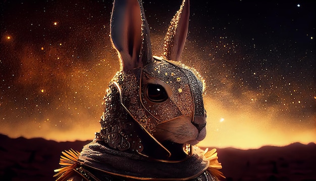 Un lapin en costume d'or avec une chaîne en or autour du cou.