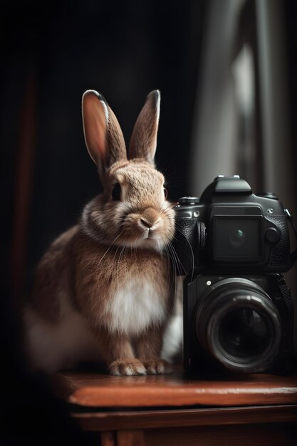 Un lapin à côté d'une caméra