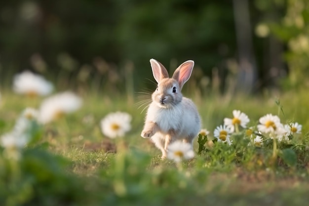 un lapin courant sur un chemin de terre dans l'herbe