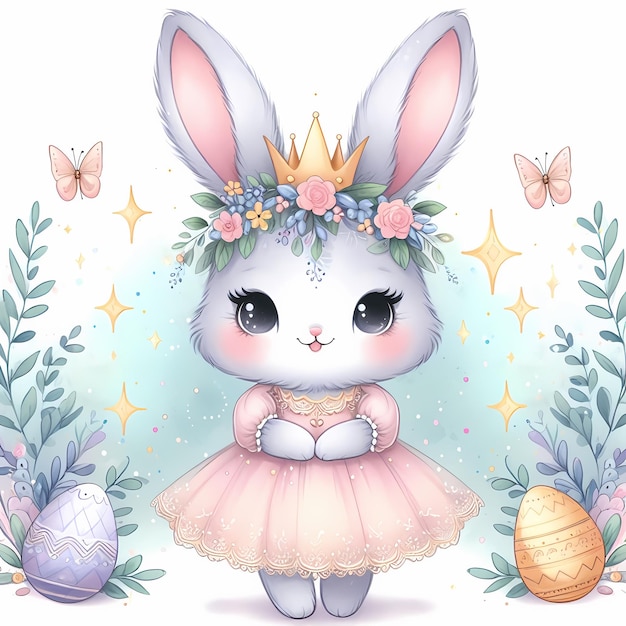 un lapin avec une couronne et des fleurs dessus