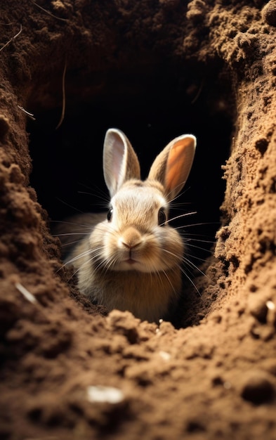 Un lapin creuse un terrier dans la terre