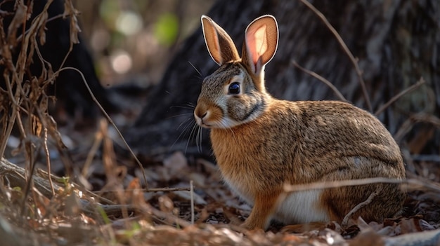 Un lapin dans les bois avec le mot lapin sur le devant