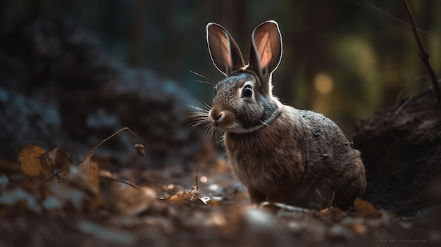 Un lapin dans les bois avec le mot lapin sur le devant