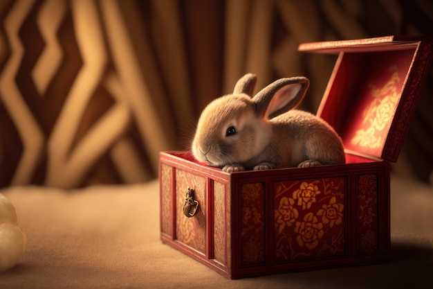 Un lapin dans une boîte rouge avec une serrure en or.