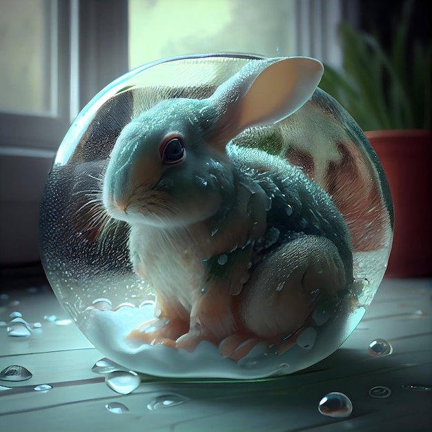 Lapin dans un bol en verre avec des gouttes d'eau rendu 3d