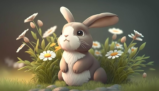 Un lapin dans un champ de fleurs