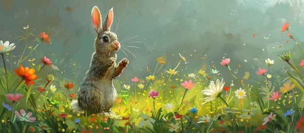 Un lapin dans un champ de fleurs