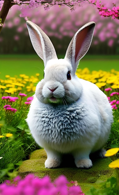 Un lapin dans un champ de fleurs