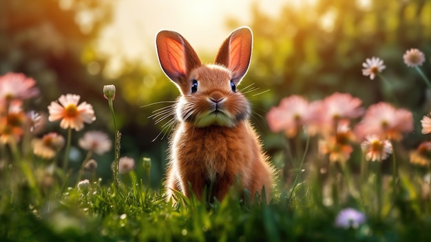 Un lapin dans un champ d'herbe avec un fond rose