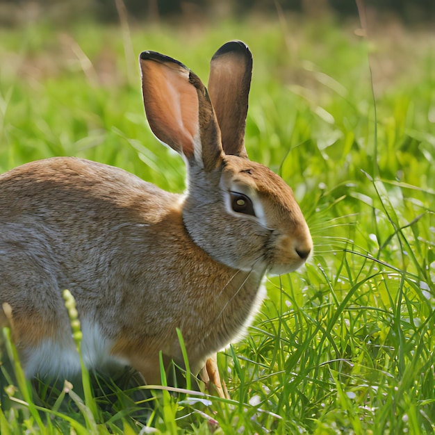 un lapin dans un champ d'herbe avec une tête à oreilles brunes