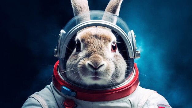 Un lapin dans un costume d'astronaute avec un rouge et bleu