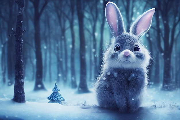 Lapin dans le fond de Noël de la forêt d'hiver