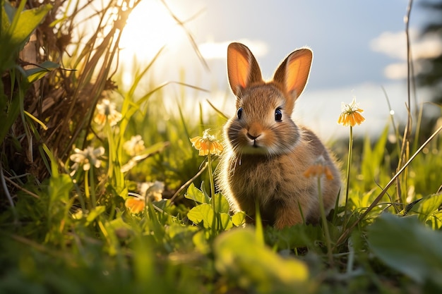 Un lapin dans l'herbe au printemps