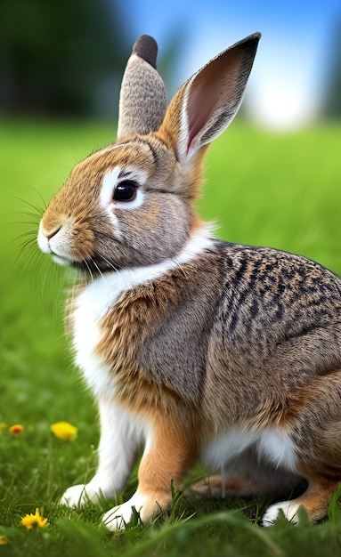 Un lapin dans l'herbe avec des fleurs jaunes