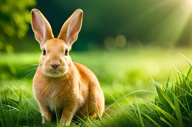 Un lapin dans l'herbe avec un fond vert