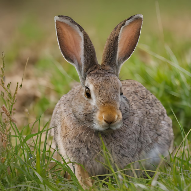 un lapin dans l'herbe avec les oreilles pointées vers le haut