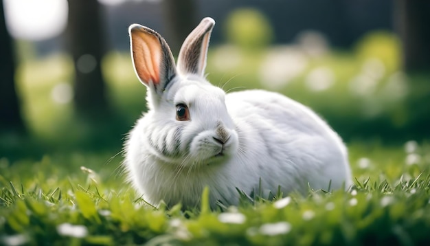 un lapin dans l'herbe avec une tache noire sur son visage