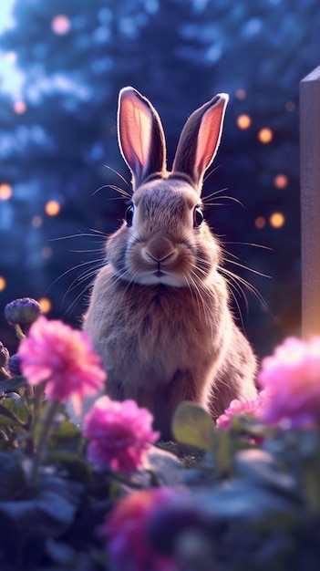 Un lapin dans un jardin avec des fleurs et une guirlande lumineuse