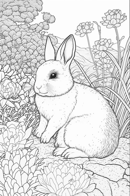 Un lapin dans un jardin avec des fleurs et des plantes